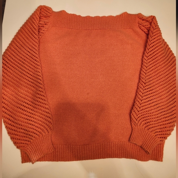 🍊 Vibrant Orange Boat Neck Sweater | Open Knit Sleeves | XL | Spring - Picture 7 of 8